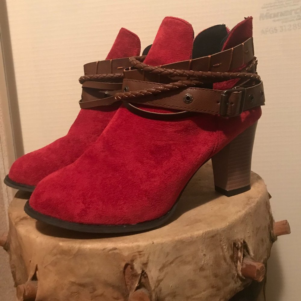 Red suede ankle boots with faux leather straps